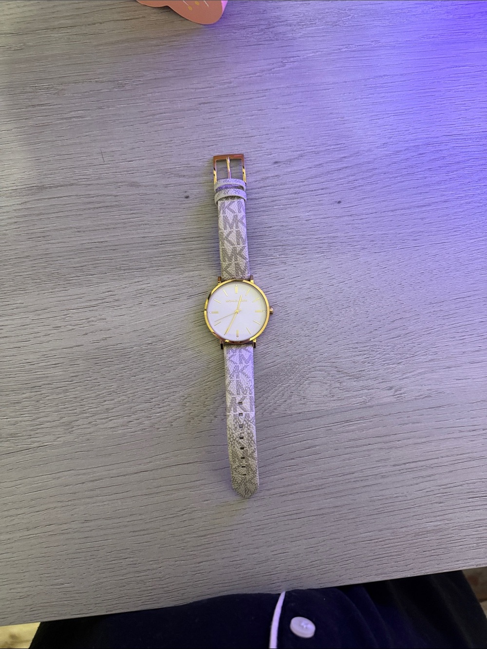 Michael Kors Gold Tone Watch with Beige Monogram Strap